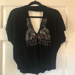 Low cut black graphic tee with choker neck